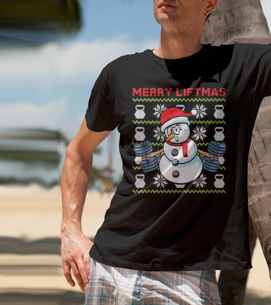 Merry Liftmas Fitness Snowman Xmas Weightlifting Kettlebells T-Shirt
