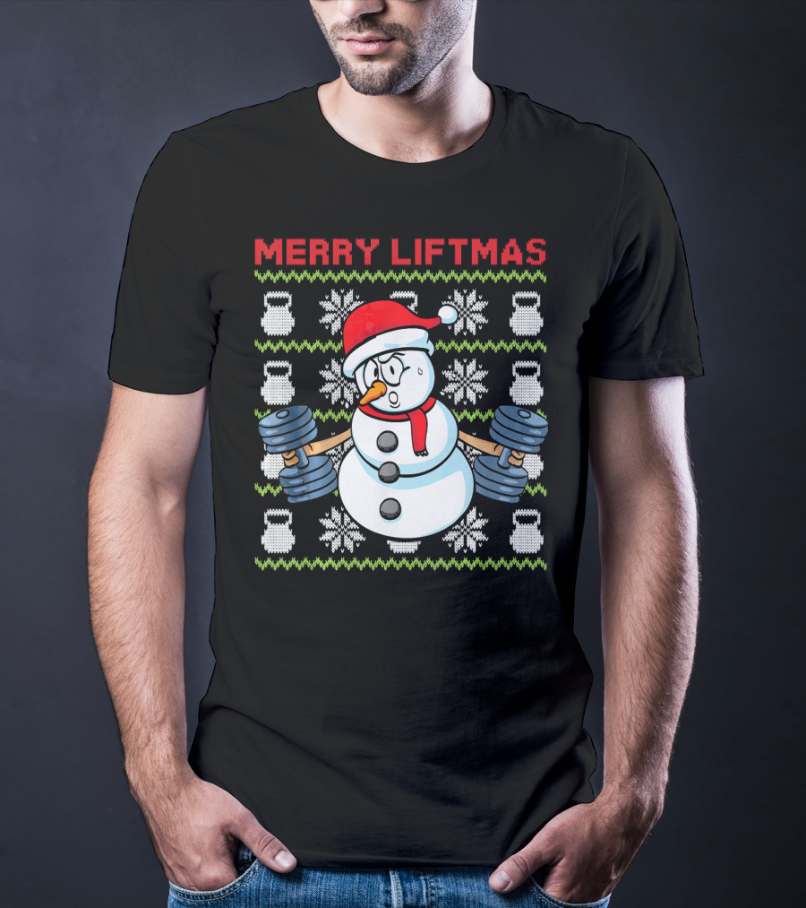 Merry Liftmas Fitness Snowman Xmas Weightlifting Kettlebells T-Shirt