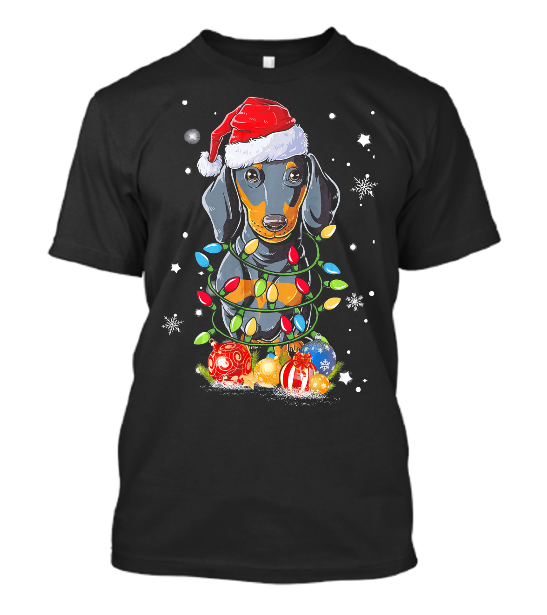 Dachshund Wrapped In Christmas Lights With Santa Hat And Ornaments T-Shirt