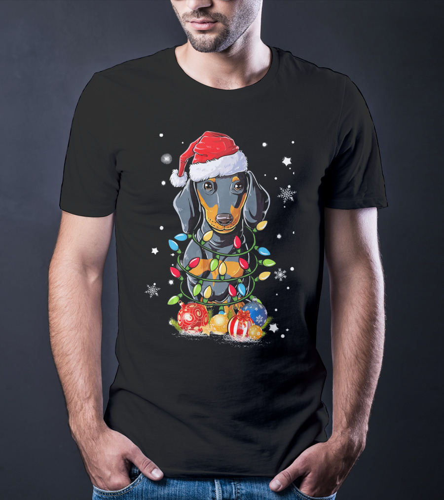 Dachshund Wrapped In Christmas Lights With Santa Hat And Ornaments T-Shirt
