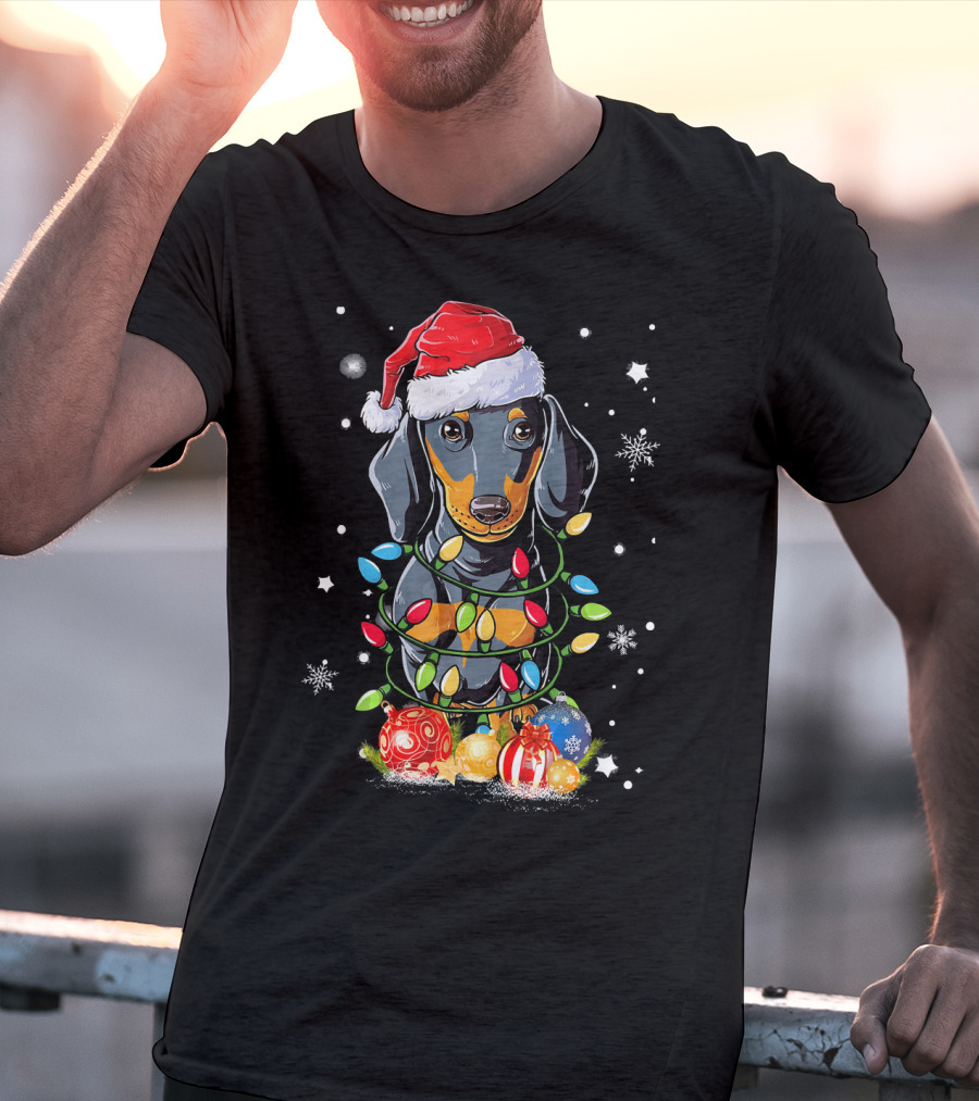 Dachshund Wrapped In Christmas Lights With Santa Hat And Ornaments T-Shirt