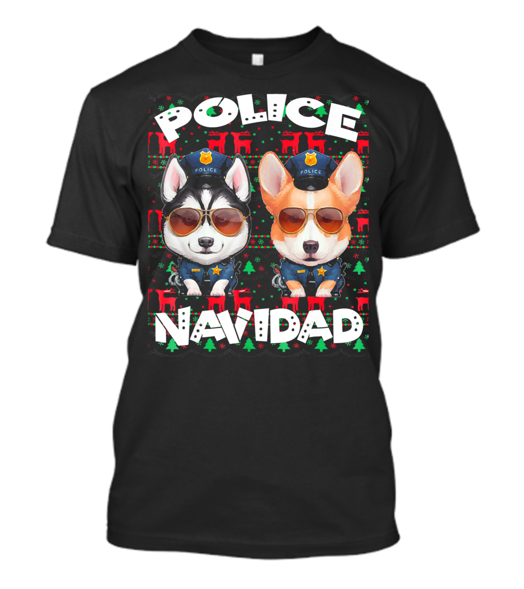 Police Navidad Ugly Christmas Dog Cops With Sunglasses T-Shirt