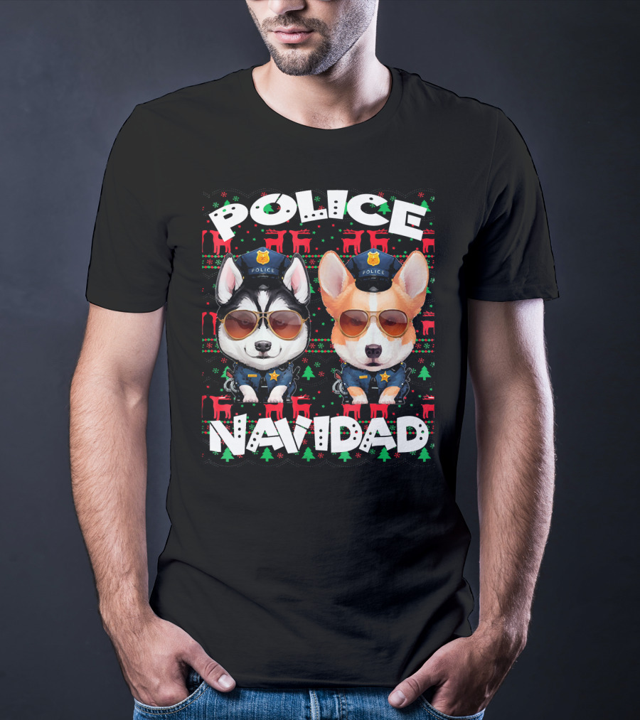 Police Navidad Ugly Christmas Dog Cops With Sunglasses T-Shirt