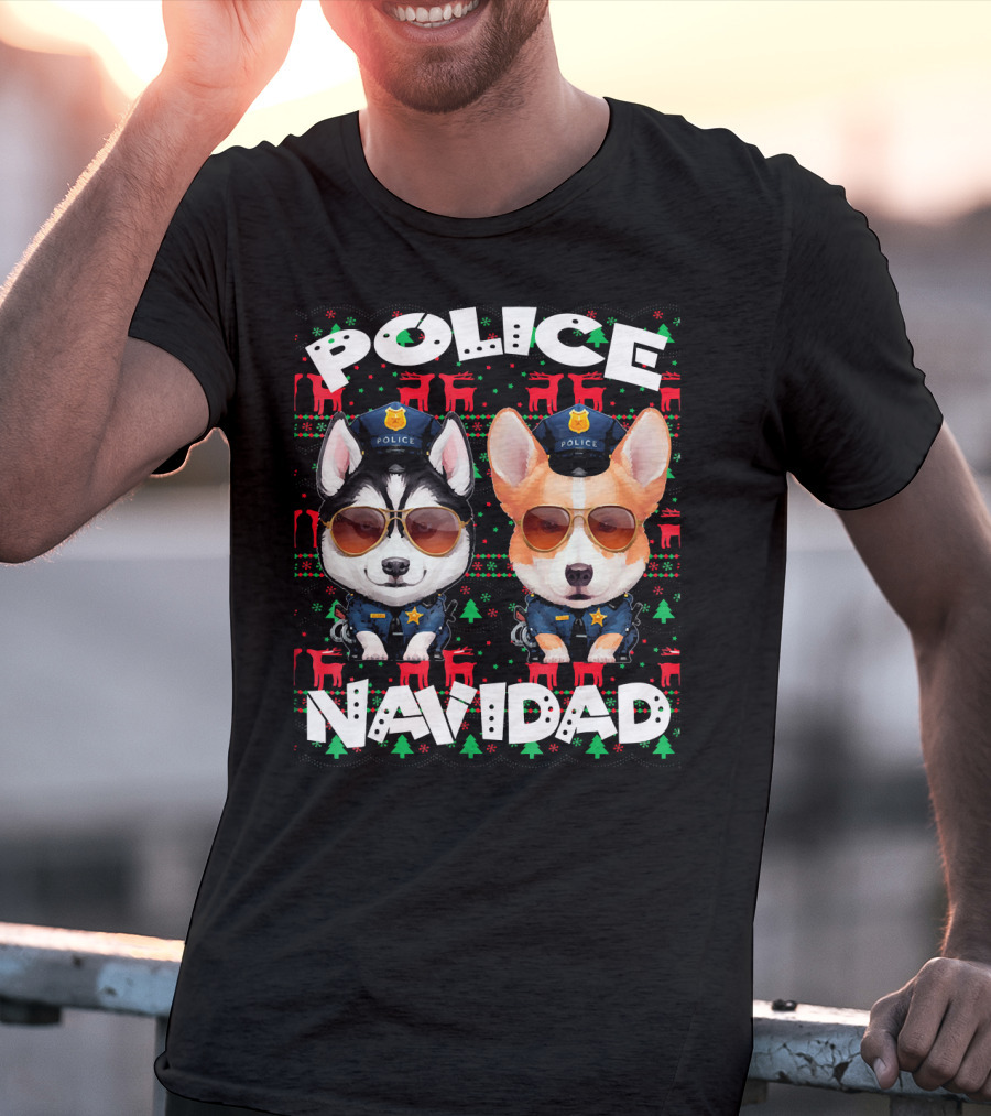 Police Navidad Ugly Christmas Dog Cops With Sunglasses T-Shirt