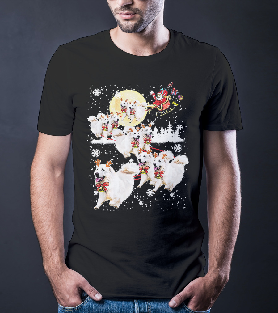 Great Pyrenees Reindeer Santa Christmas With Sleigh And Snowflakes T-Shirt