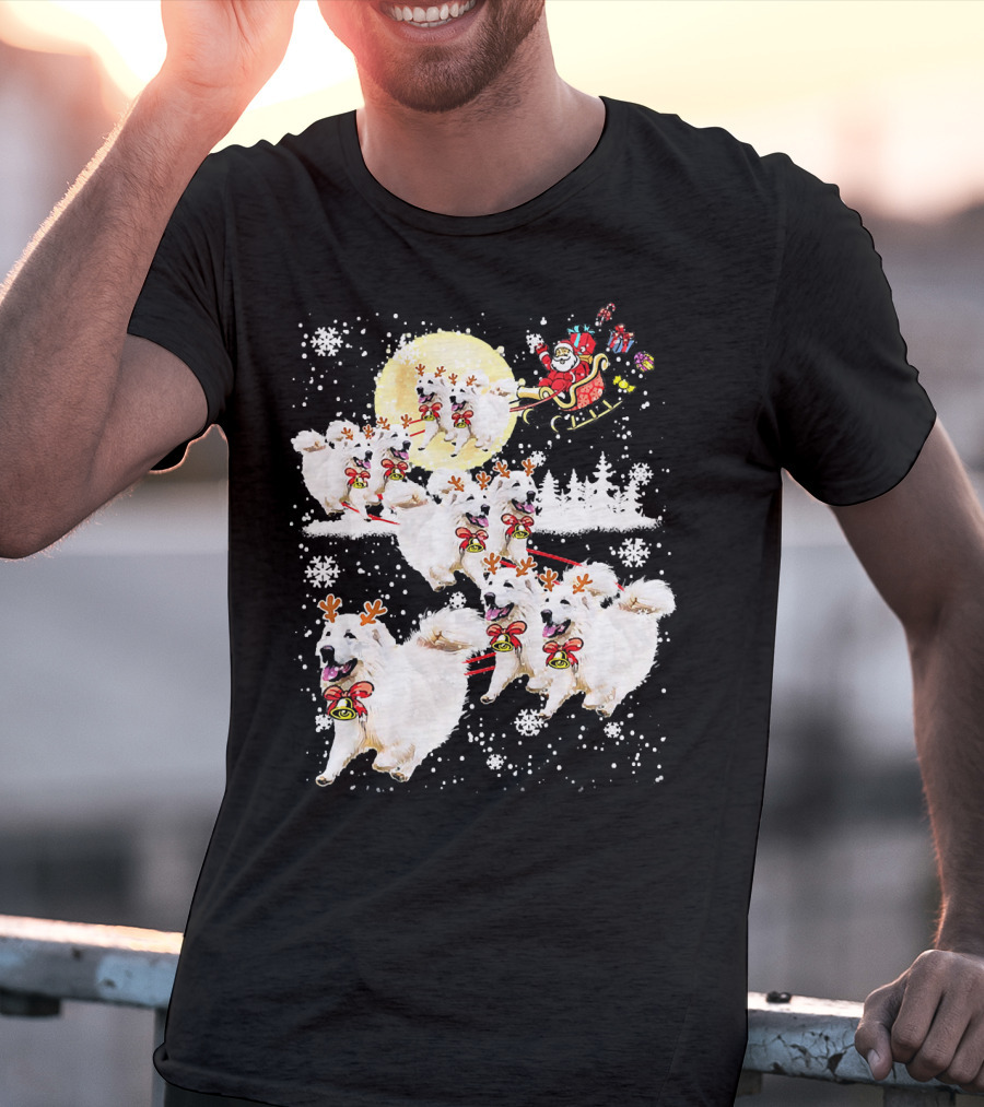 Great Pyrenees Reindeer Santa Christmas With Sleigh And Snowflakes T-Shirt