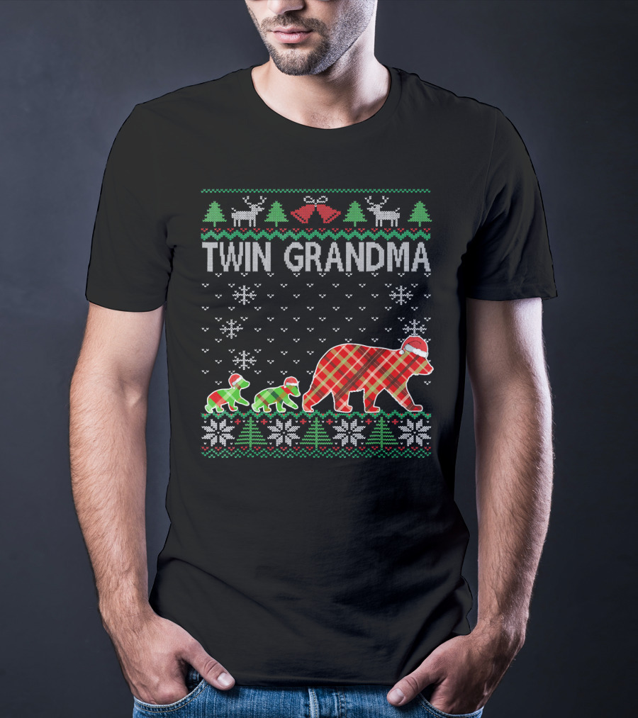 Twin Grandma Matching Ugly Christmas Plaid Bear Family Snowflakes Trees T-Shirt