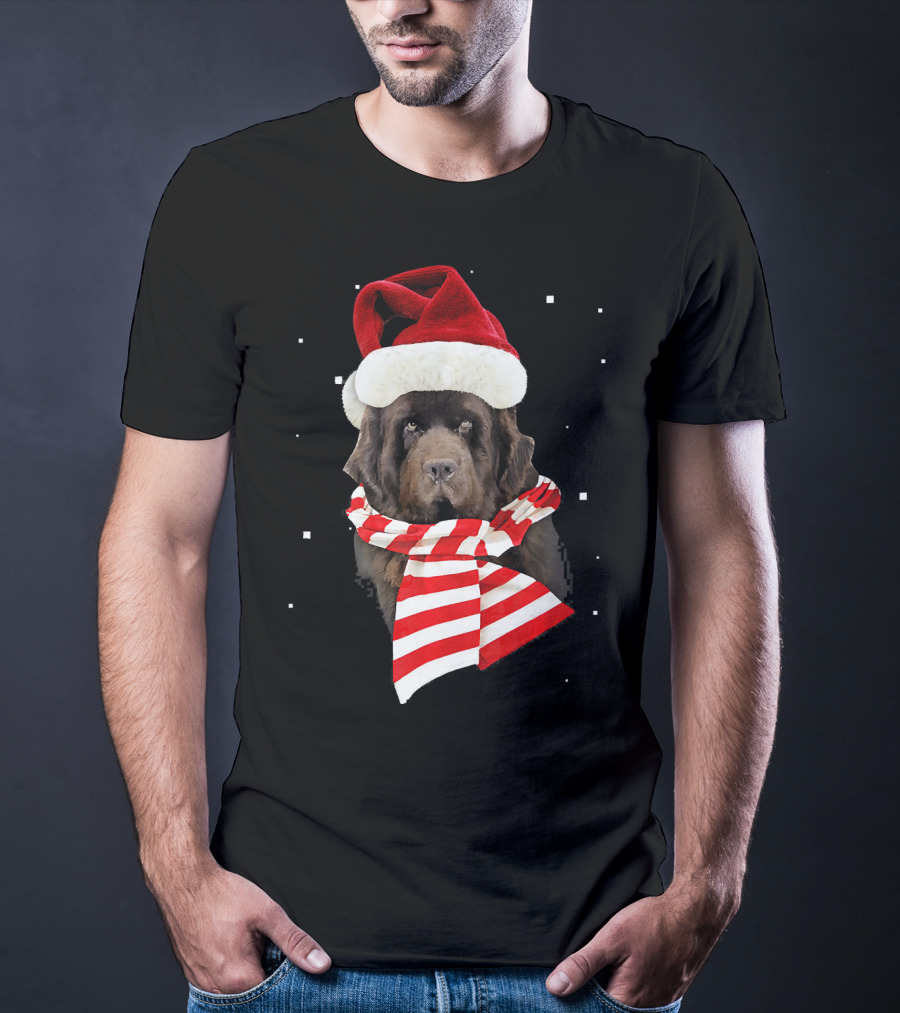 Newfoundland Santa Merry Christmas Dog With Red Hat And Scarf T-Shirt