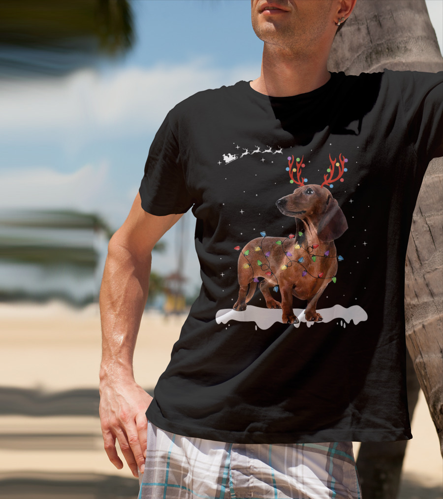 Reindeer Dachshund With Holiday Lights And Santa Sleigh T-Shirt