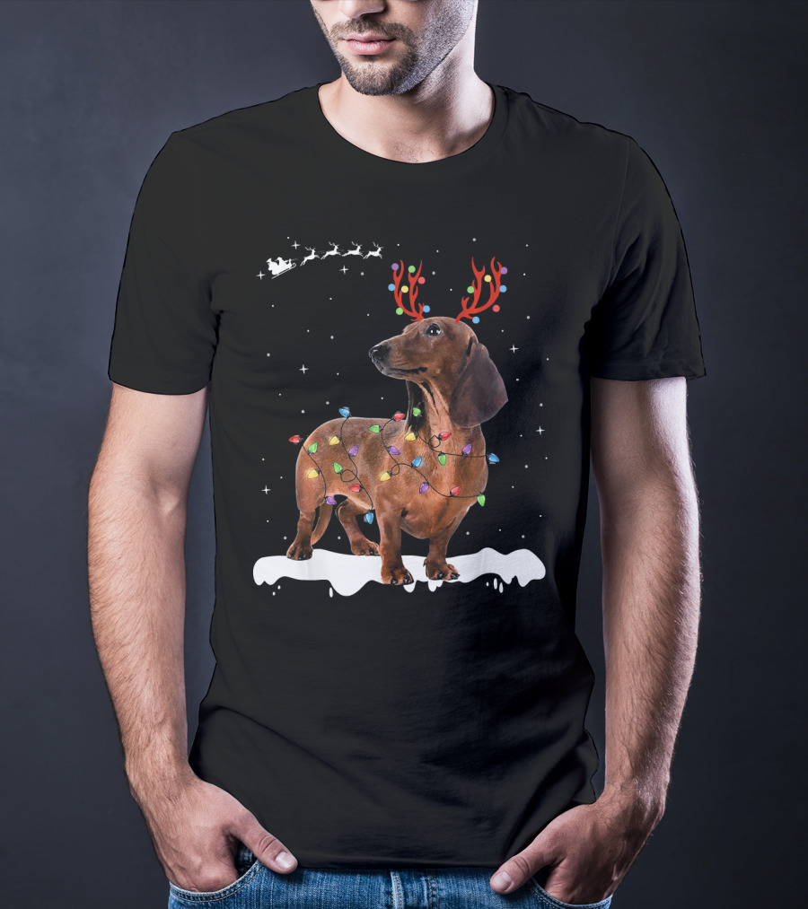 Reindeer Dachshund With Holiday Lights And Santa Sleigh T-Shirt