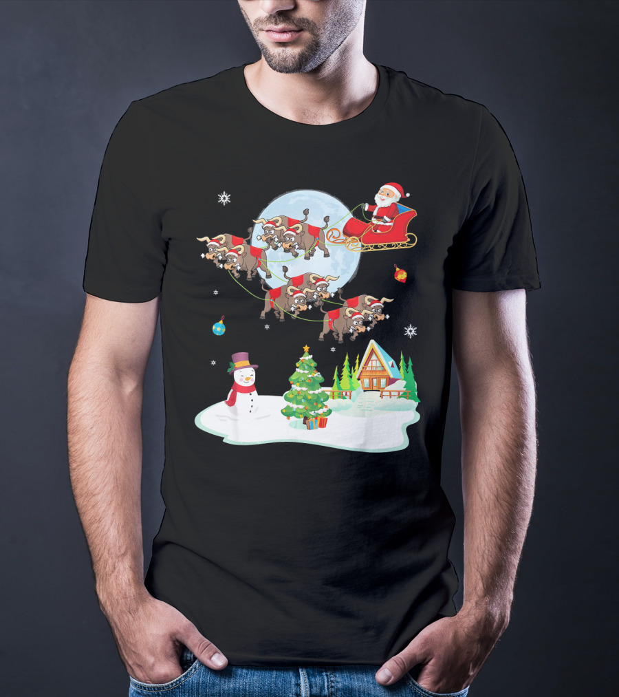 Santa Claus Buffalo Sleigh Snowman Christmas Scene T-Shirt