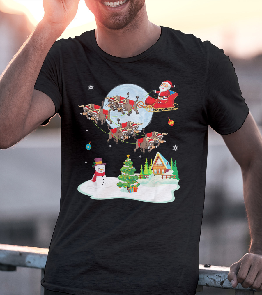 Santa Claus Buffalo Sleigh Snowman Christmas Scene T-Shirt