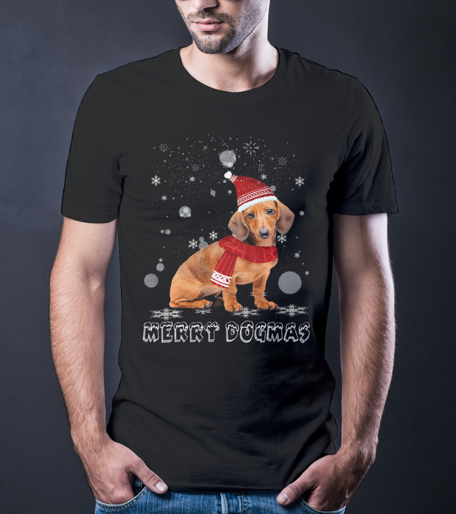 Merry Dogmas Dachshund Dog In Snow With Santa Hat And Scarf T-Shirt