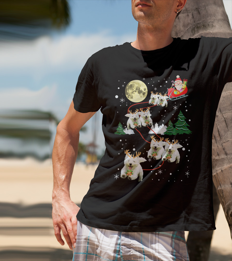 Santa Sleigh With Westie Reindeer Christmas Moon And Trees T-Shirt