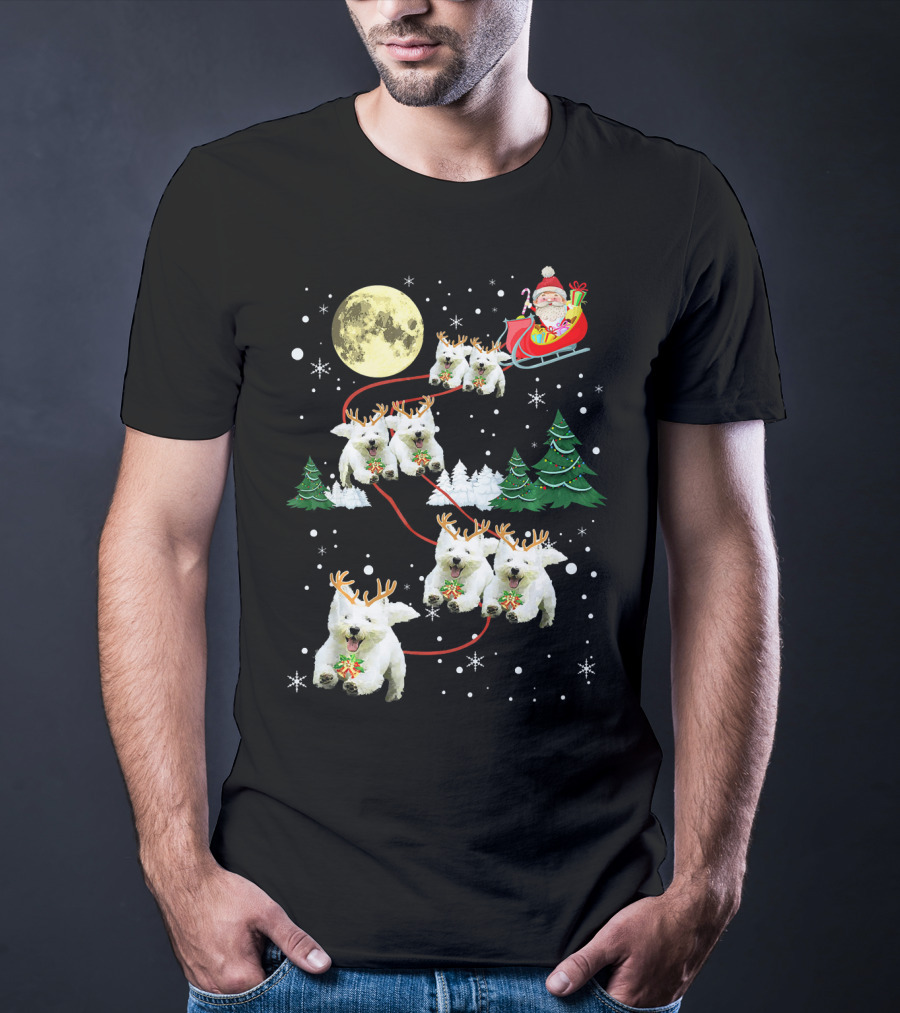 Santa Sleigh With Westie Reindeer Christmas Moon And Trees T-Shirt