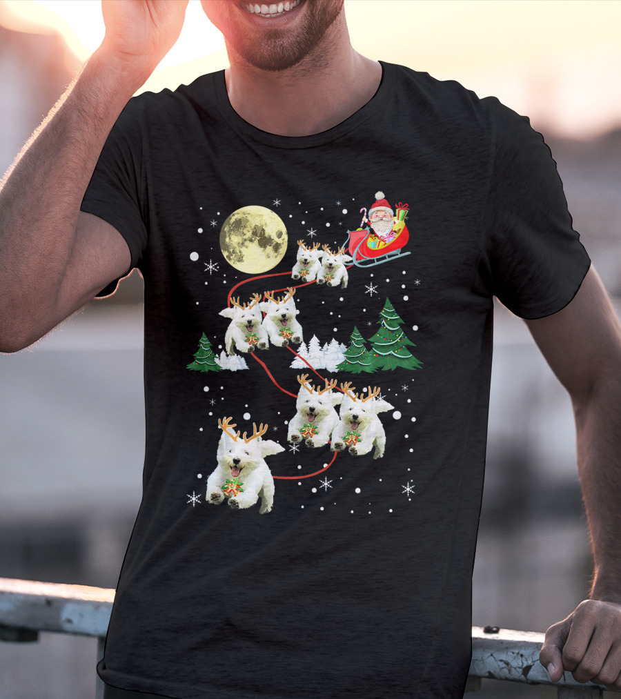 Santa Sleigh With Westie Reindeer Christmas Moon And Trees T-Shirt
