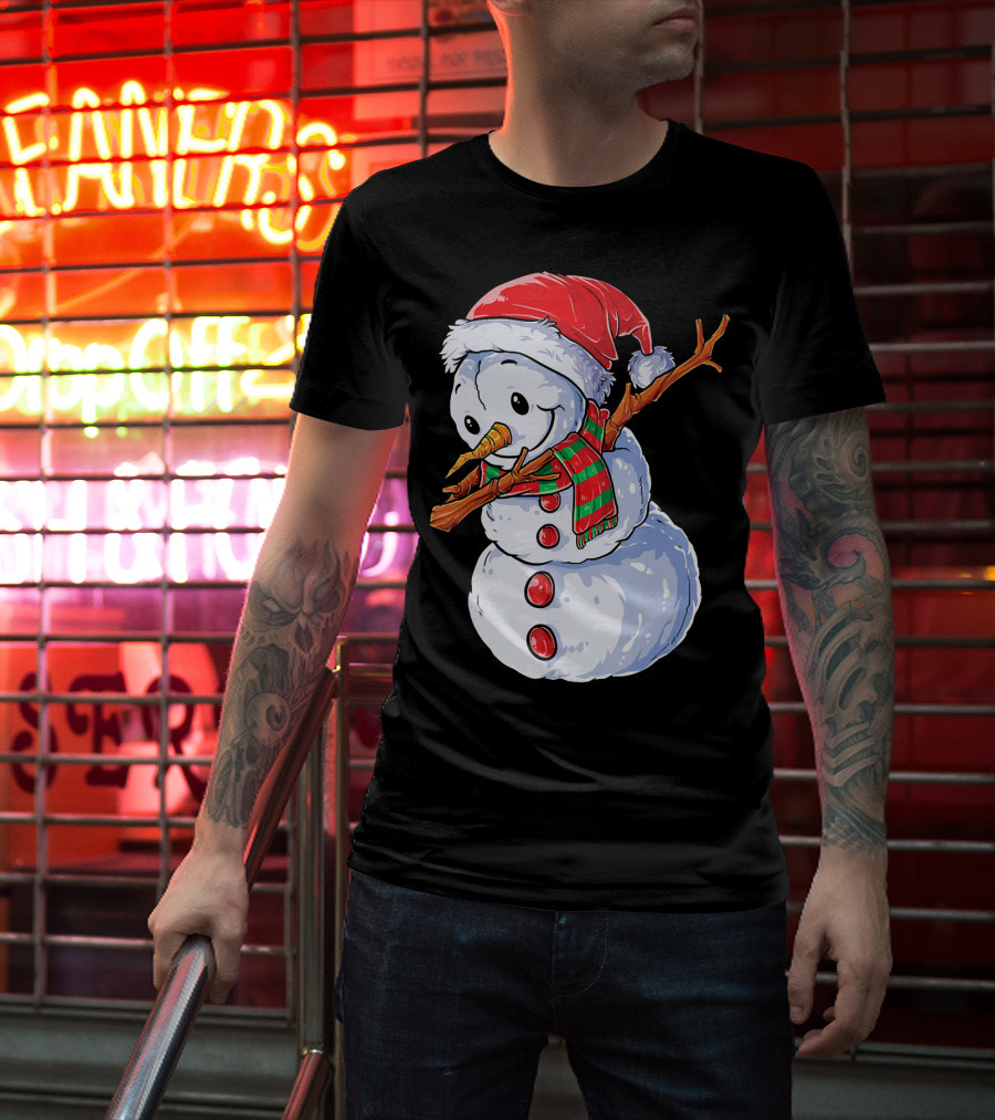 Festive Snowman With Santa Hat And Striped Scarf T-Shirt