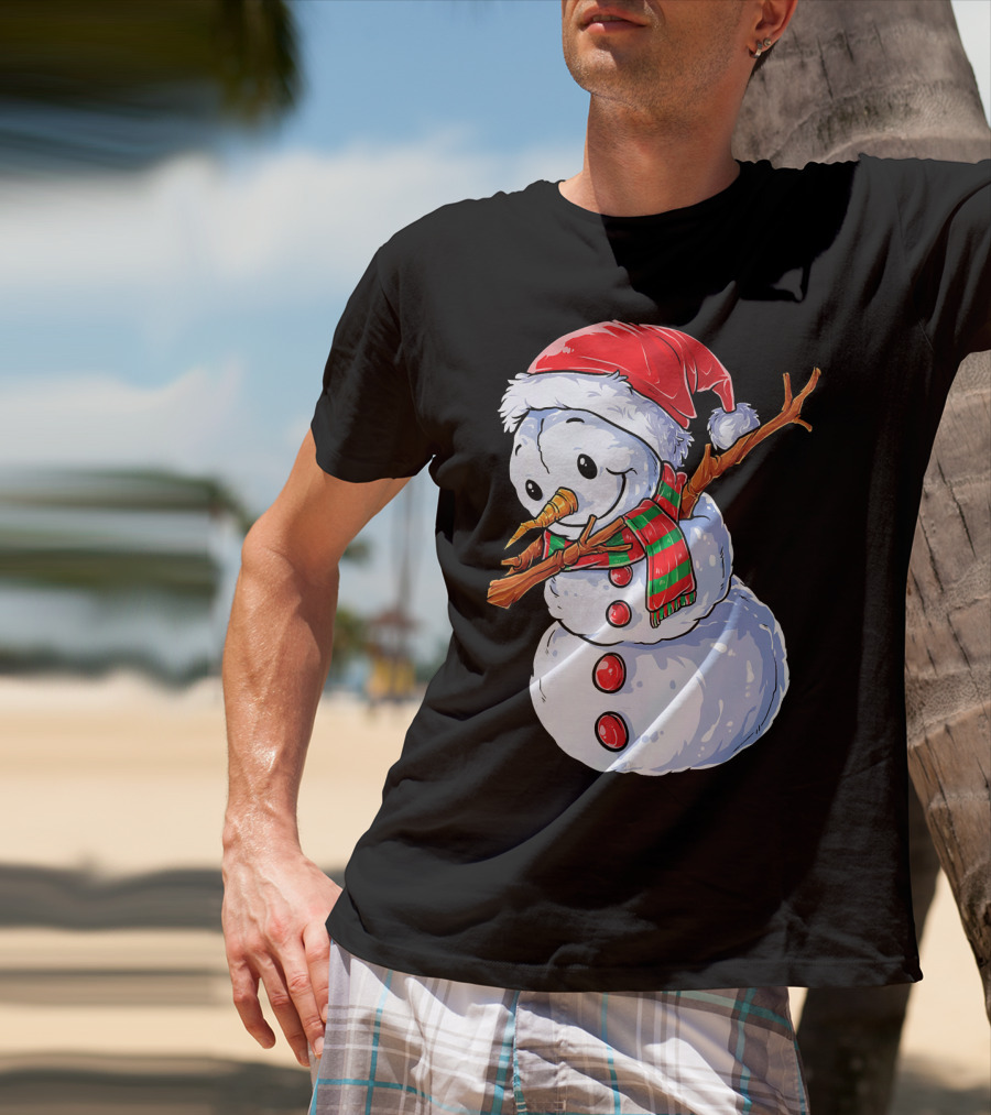 Festive Snowman With Santa Hat And Striped Scarf T-Shirt
