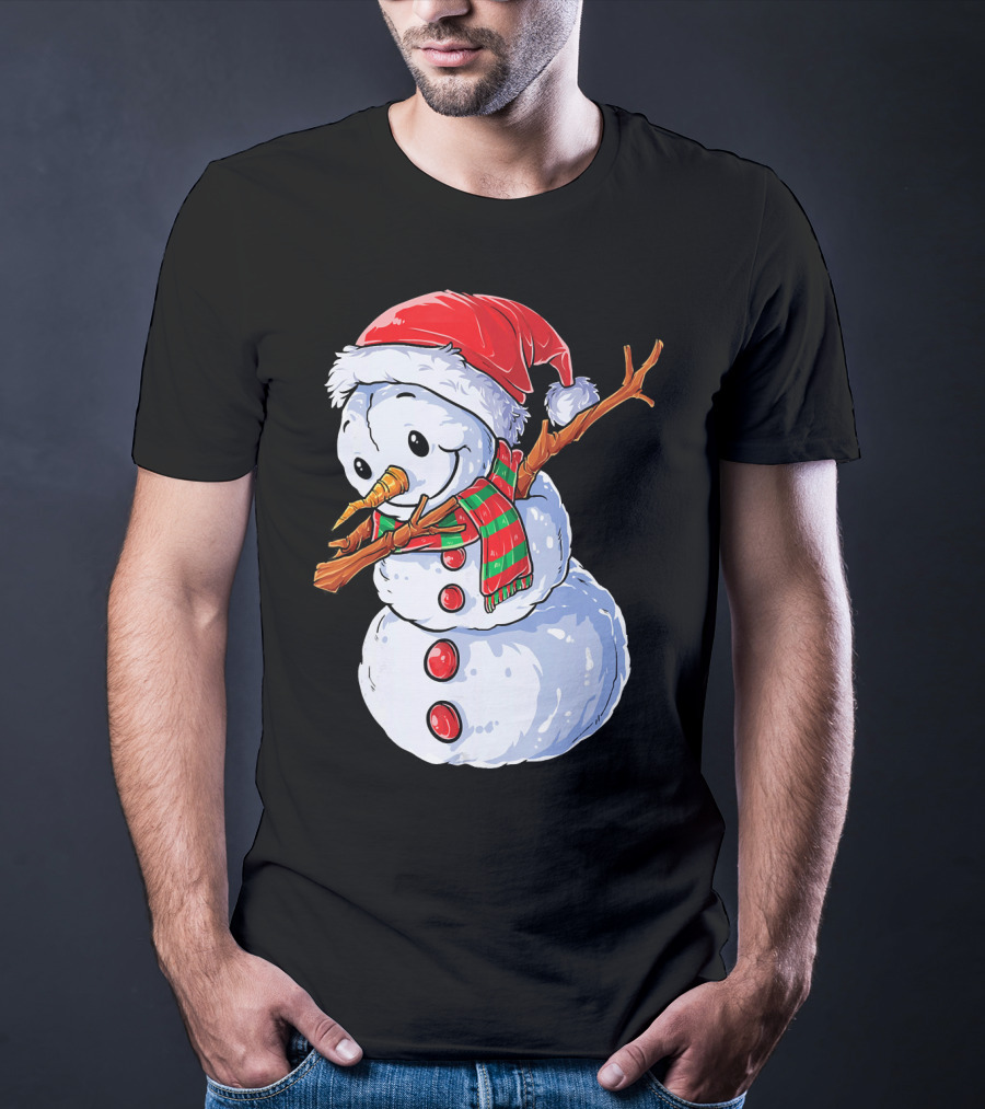 Festive Snowman With Santa Hat And Striped Scarf T-Shirt
