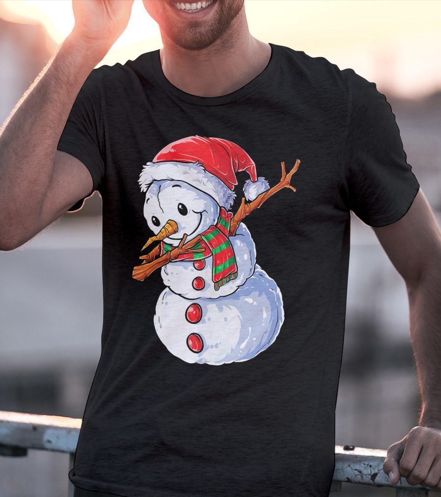 Festive Snowman With Santa Hat And Striped Scarf T-Shirt