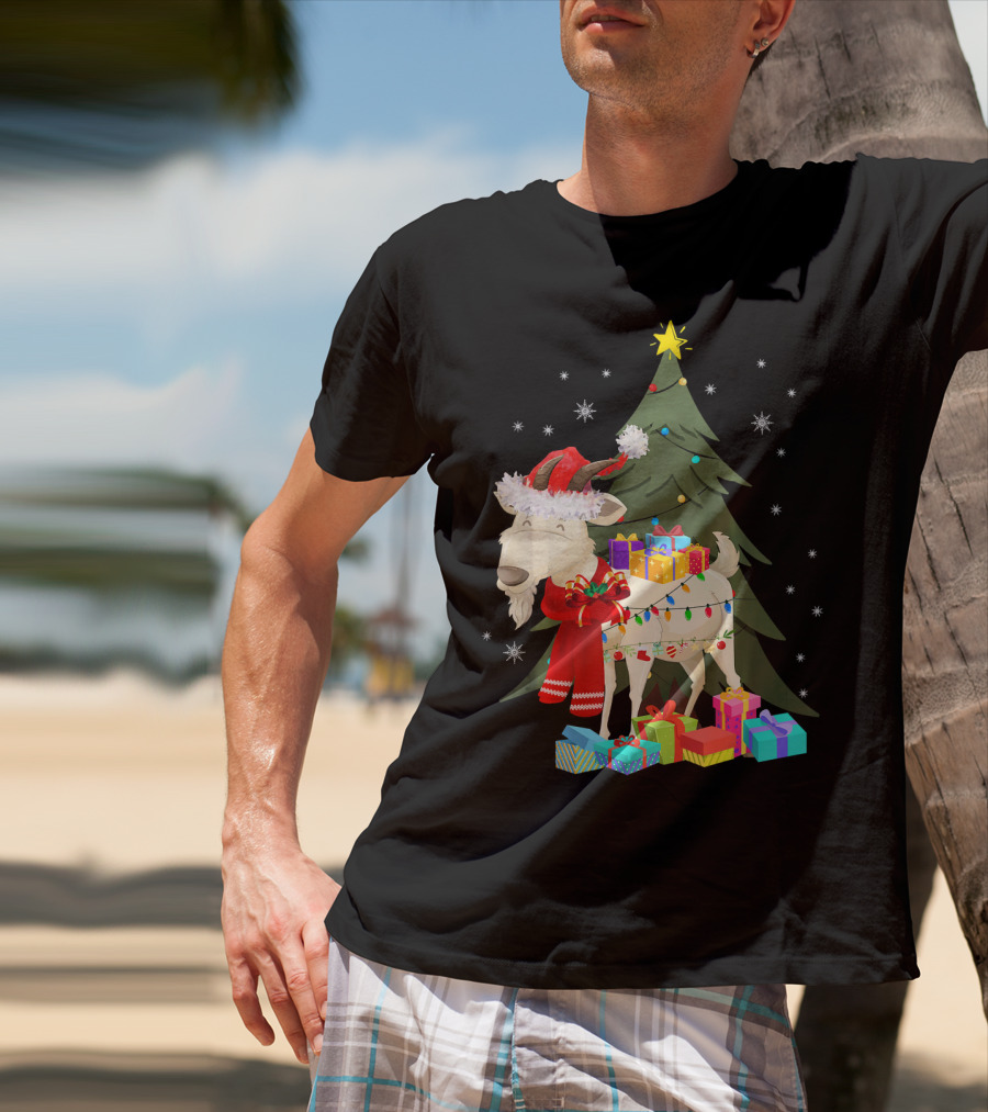Goat Christmas Lights Funny Goat Santa Hat Presents Tree Snowflakes T-Shirt