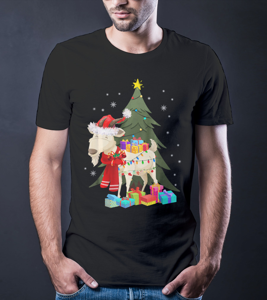 Goat Christmas Lights Funny Goat Santa Hat Presents Tree Snowflakes T-Shirt