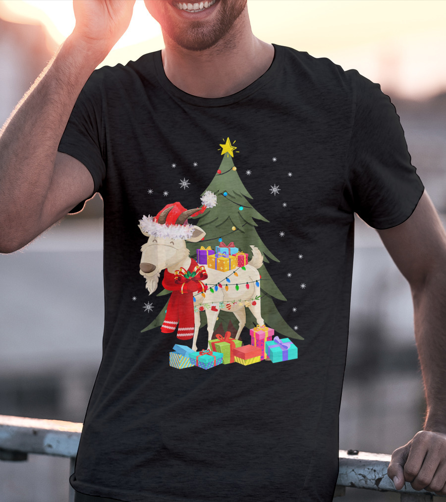 Goat Christmas Lights Funny Goat Santa Hat Presents Tree Snowflakes T-Shirt