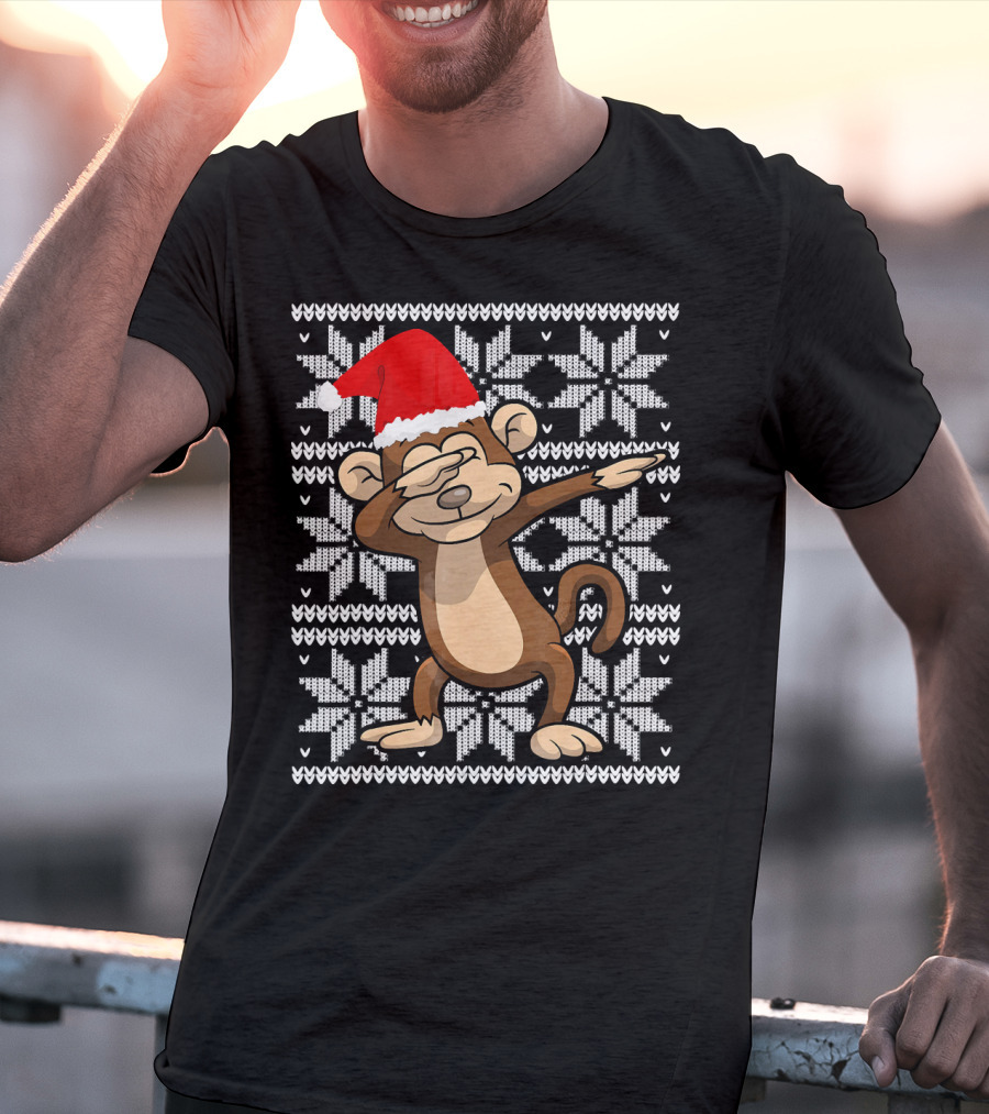 UGLY CHRISTMAS Dabbing Monkey Dab Santa Hat Snowflake T-Shirt