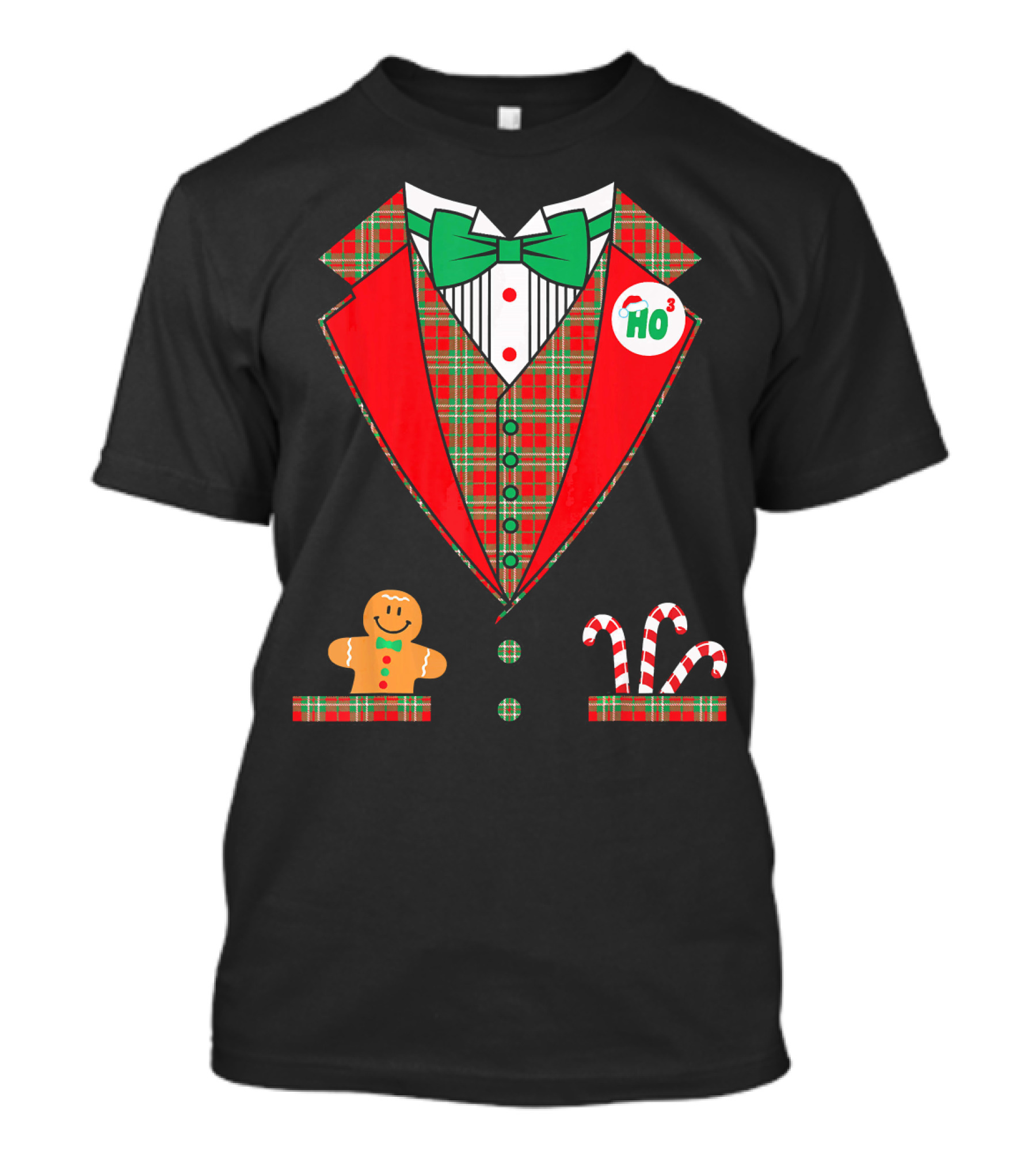 Funny Christmas Costume Tuxedo Ho Ho Ho Bow Tie Gingerbread Candy Cane T-Shirt