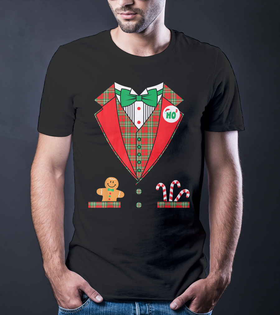Funny Christmas Costume Tuxedo Ho Ho Ho Bow Tie Gingerbread Candy Cane T-Shirt