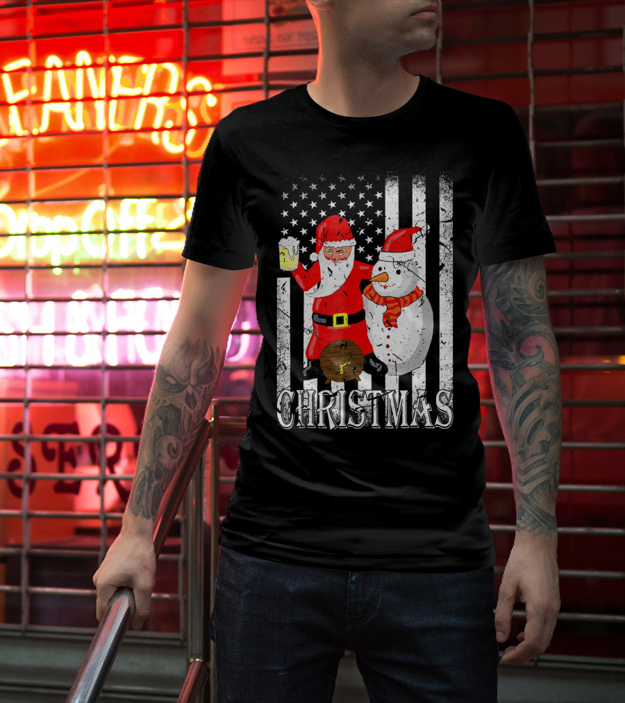 Christmas Santa Claus Snowman With Beer American Flag T-Shirt