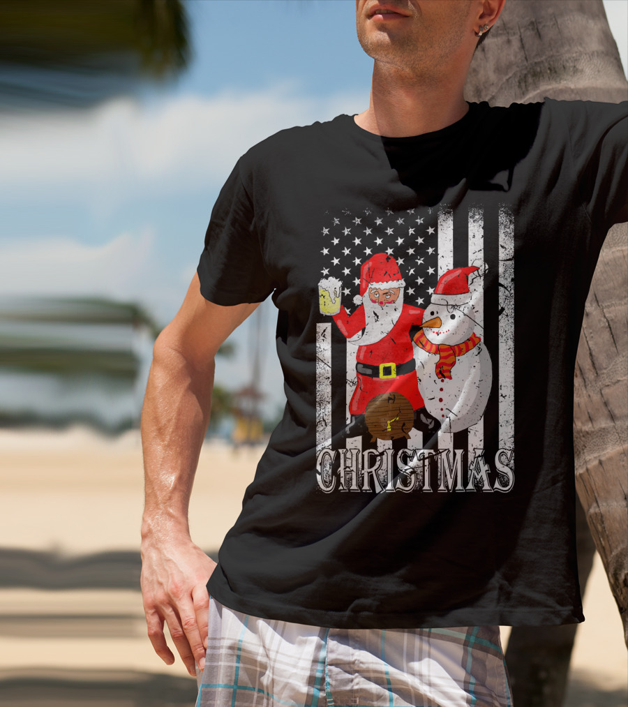 Christmas Santa Claus Snowman With Beer American Flag T-Shirt