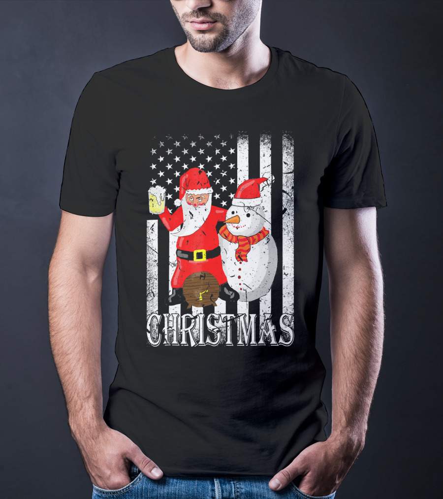 Christmas Santa Claus Snowman With Beer American Flag T-Shirt