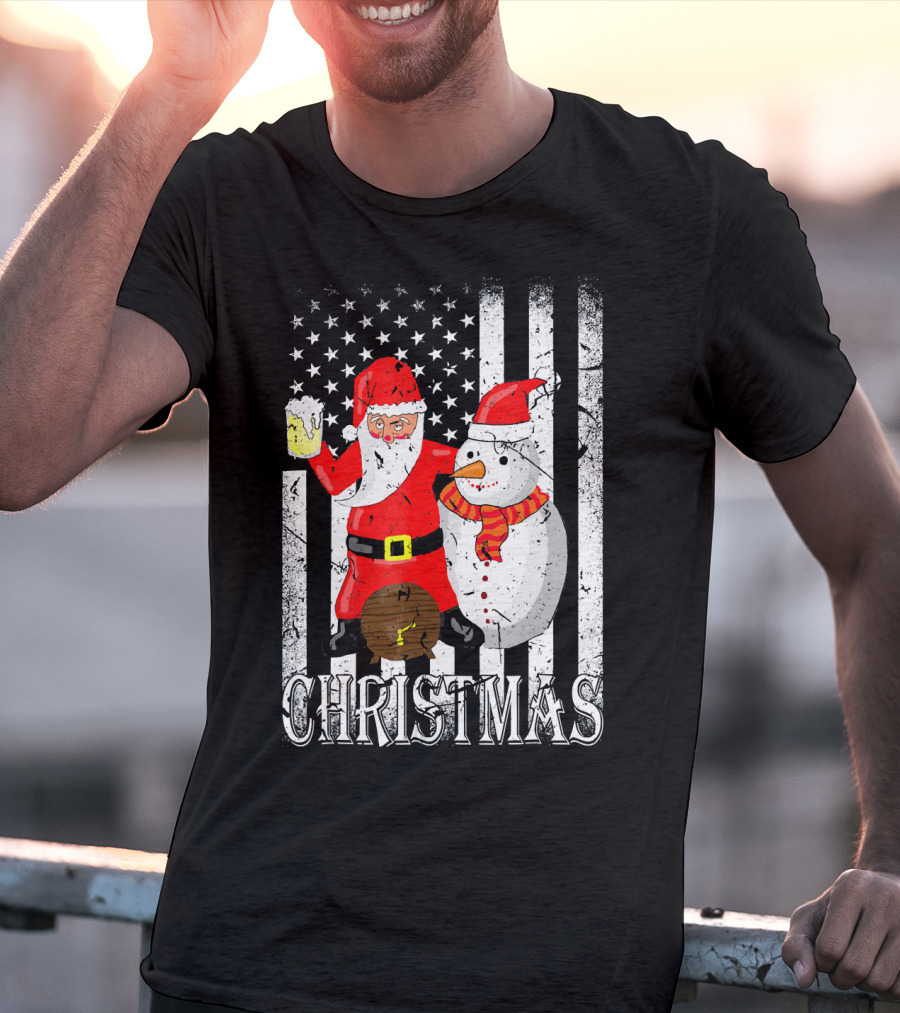 Christmas Santa Claus Snowman With Beer American Flag T-Shirt