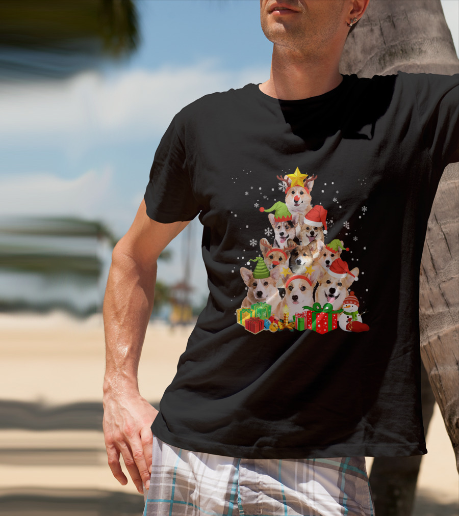 Corgi Christmas Tree With Snowflakes And Holiday Hats T-Shirt