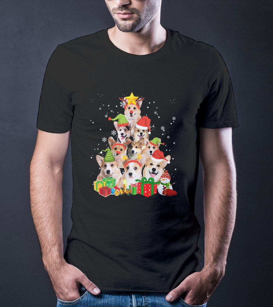 Corgi Christmas Tree With Snowflakes And Holiday Hats T-Shirt