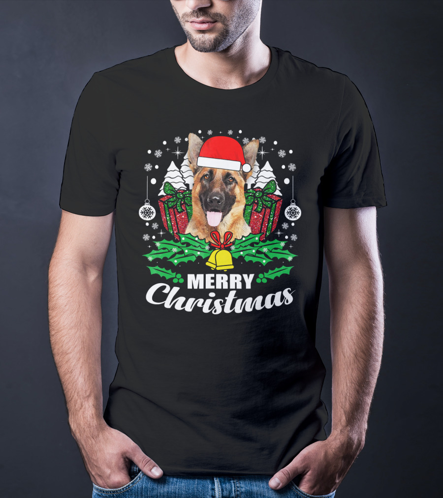 German Shepherd Merry Christmas Santa Hat Festive Holiday Dog Love T-Shirt