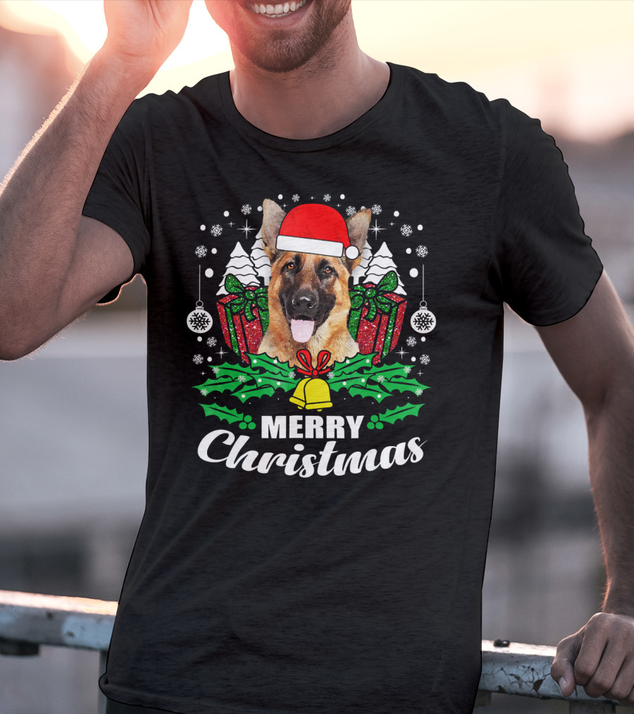 German Shepherd Merry Christmas Santa Hat Festive Holiday Dog Love T-Shirt
