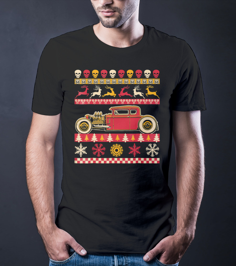 Rat Rod Christmas Party Skull Route 66 Reindeer Snowflakes Checkerboard T-Shirt