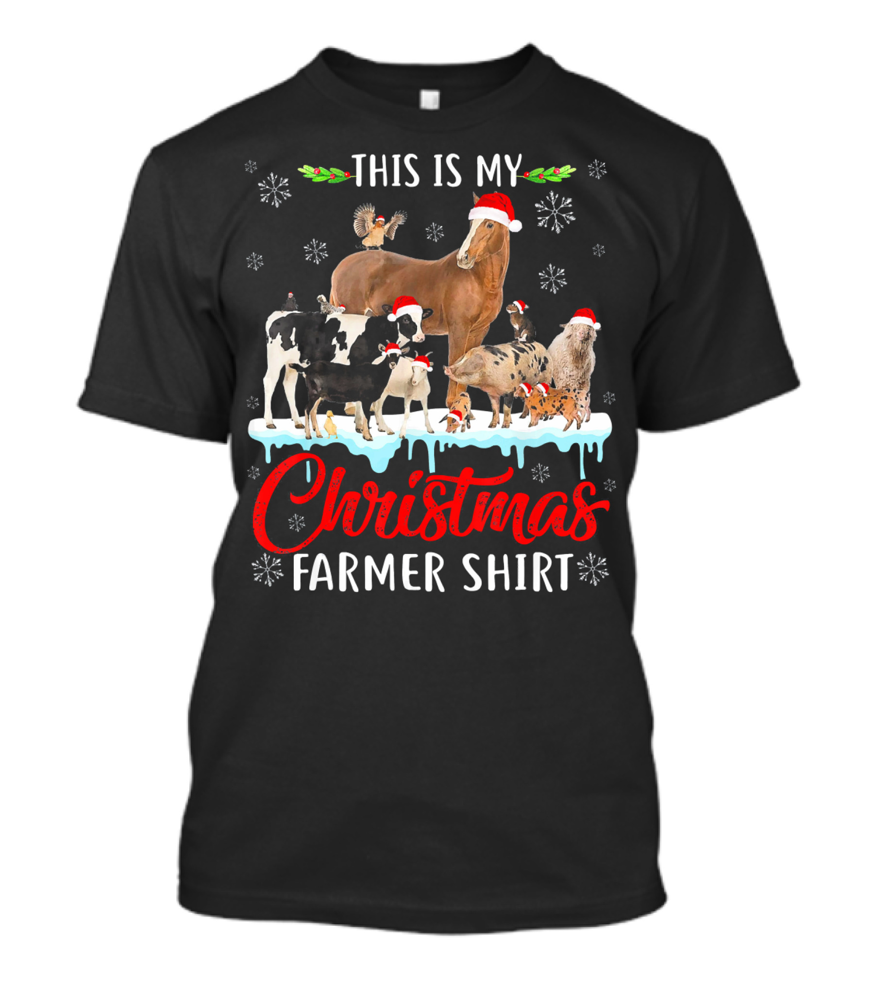 This Is My Christmas Farmer Shirt Santa Hat Animals Snowflakes T-Shirt