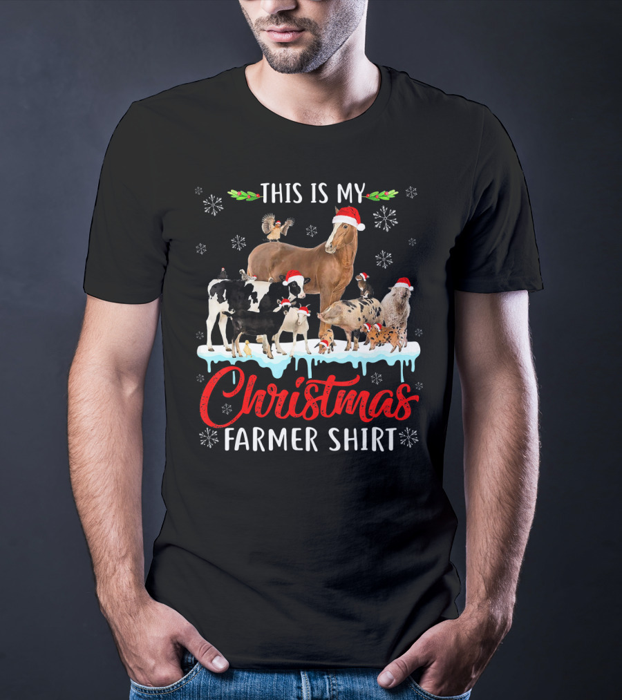 This Is My Christmas Farmer Shirt Santa Hat Animals Snowflakes T-Shirt
