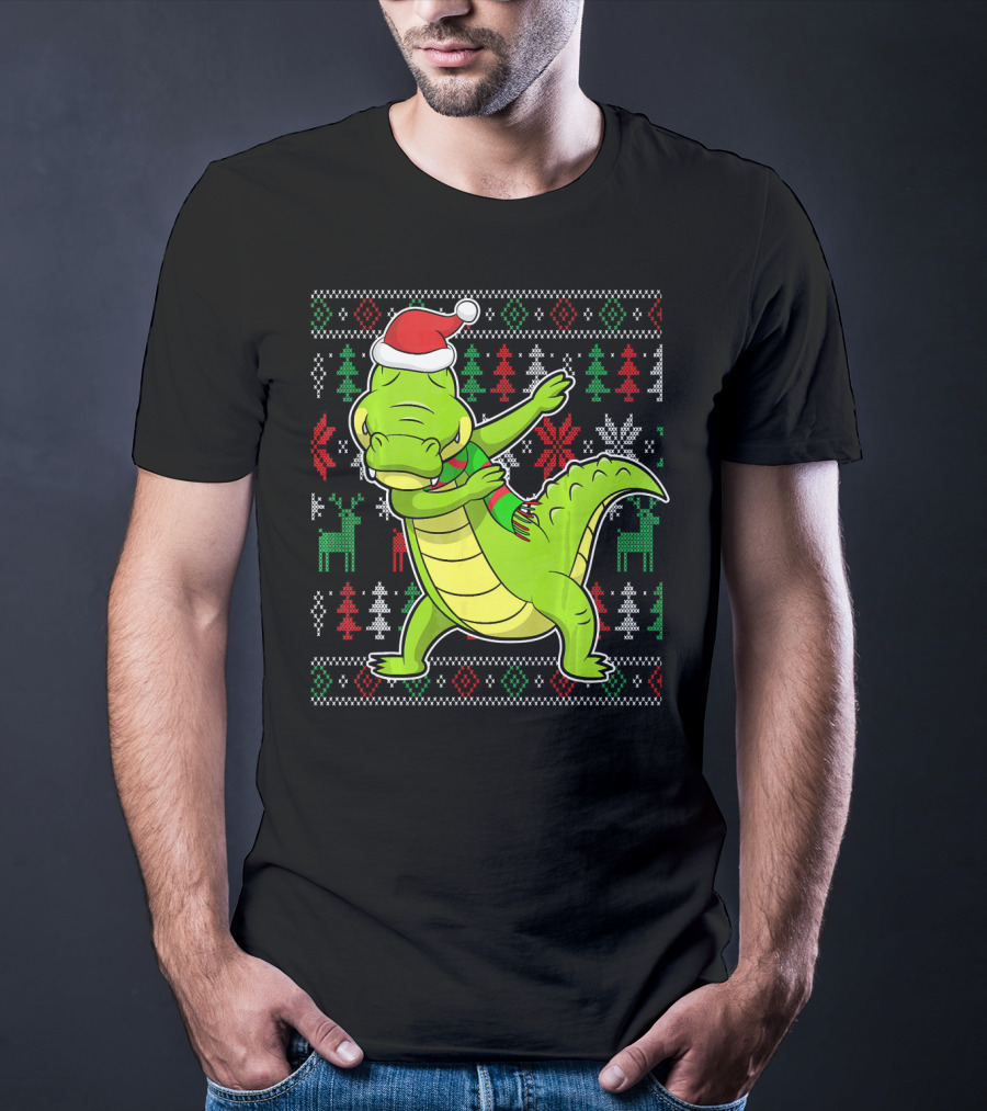 Ugly Christmas Dabbing Alligator Santa Hat Festive T-Shirt