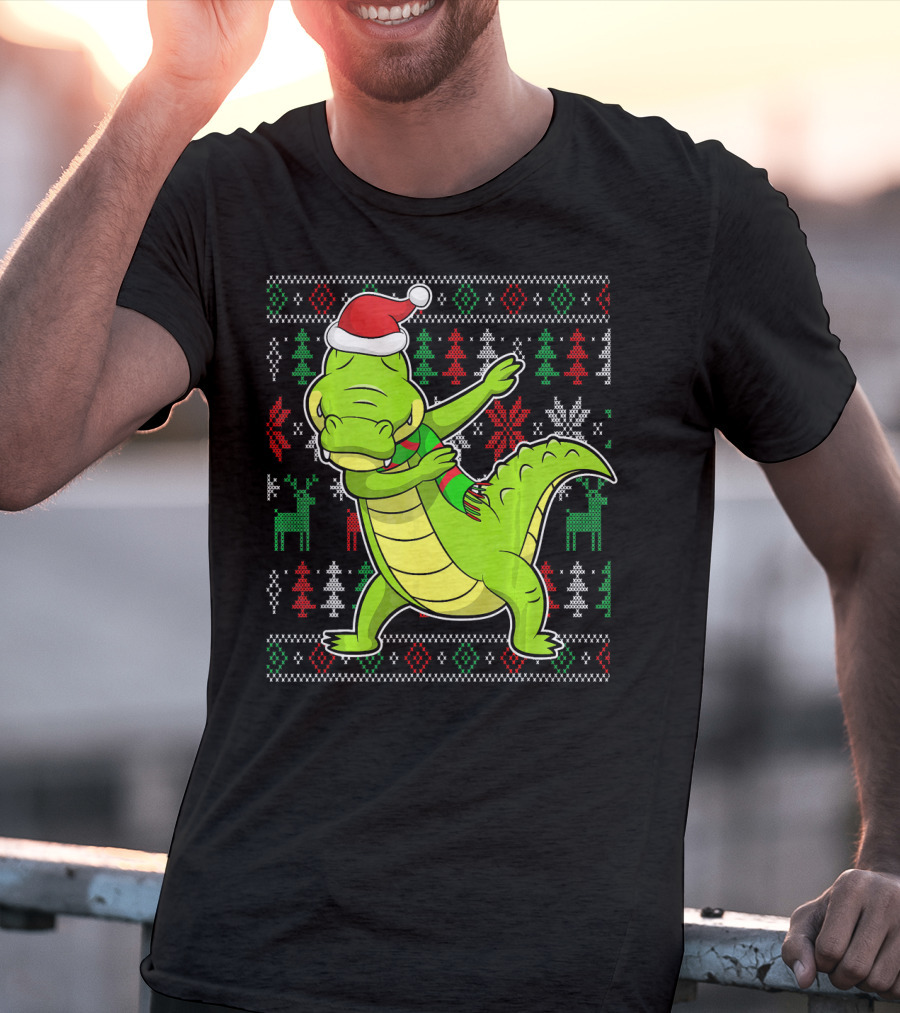 Ugly Christmas Dabbing Alligator Santa Hat Festive T-Shirt