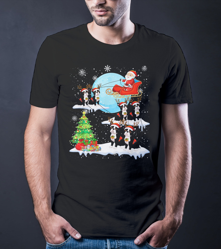 Santa Sleigh With Boston Terrier Reindeer And Christmas Tree T-Shirt