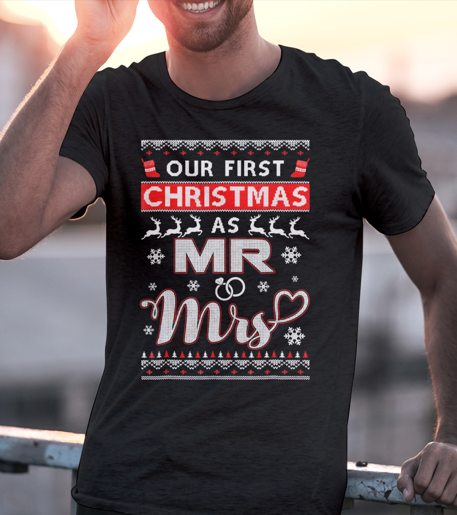 Our First Christmas As Mr And Mrs Festive Reindeer Snowflakes T-Shirt