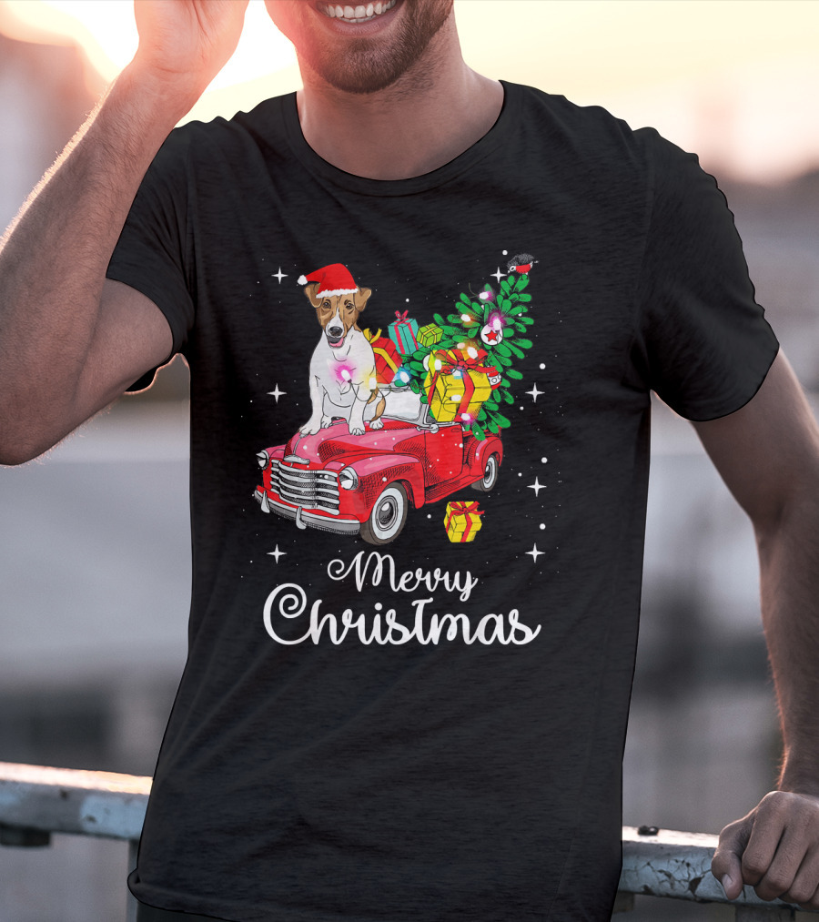 Merry Christmas Jack Russell Terrier Riding Red Truck With Gifts And Santa Hat T-Shirt