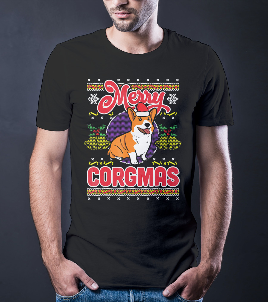 Merry Corgmas Ugly Christmas Corgi Dog Santa Hat Snowflakes Holiday T-Shirt