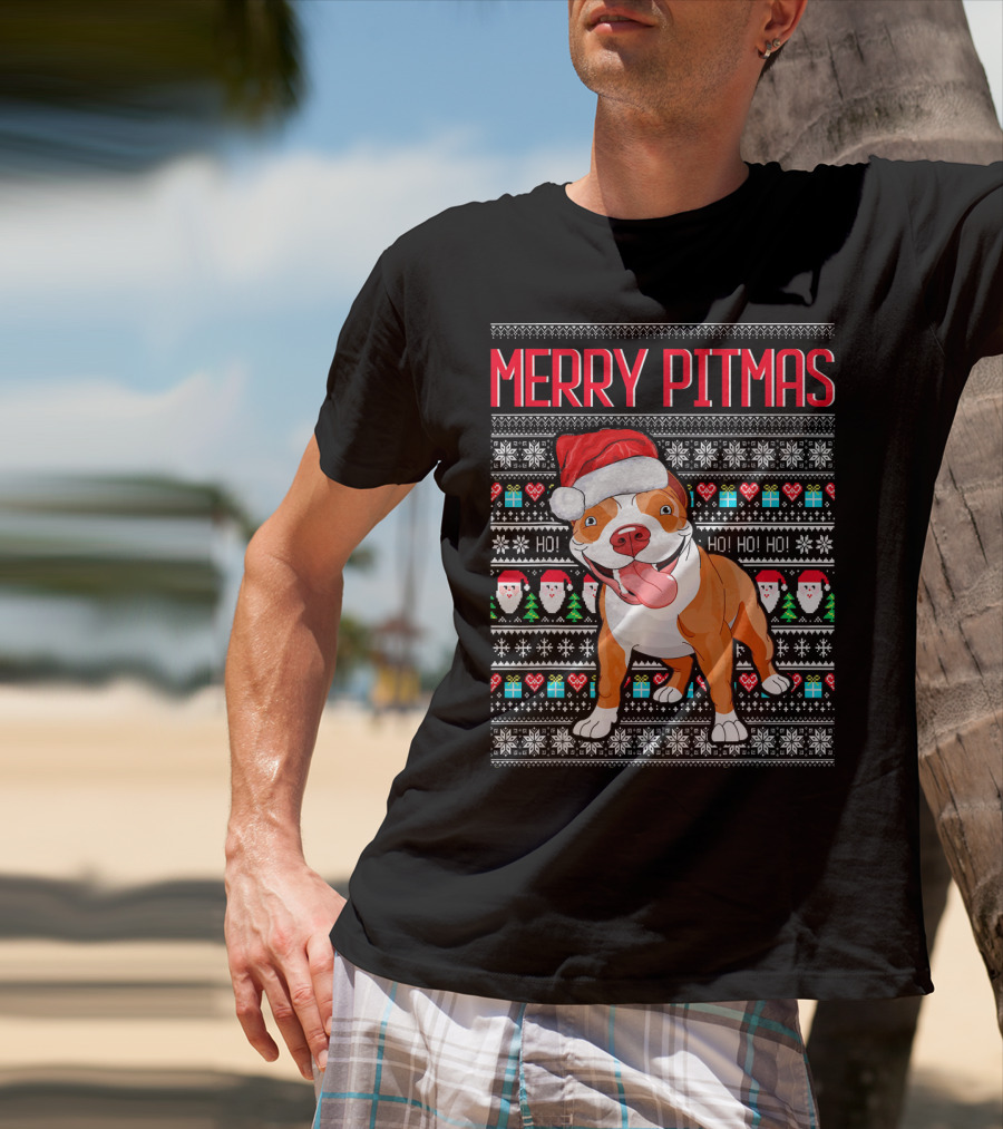 Merry Pitmas Santa Hat Dog Ho Ho Ho UglyStyle Christmas T-Shirt