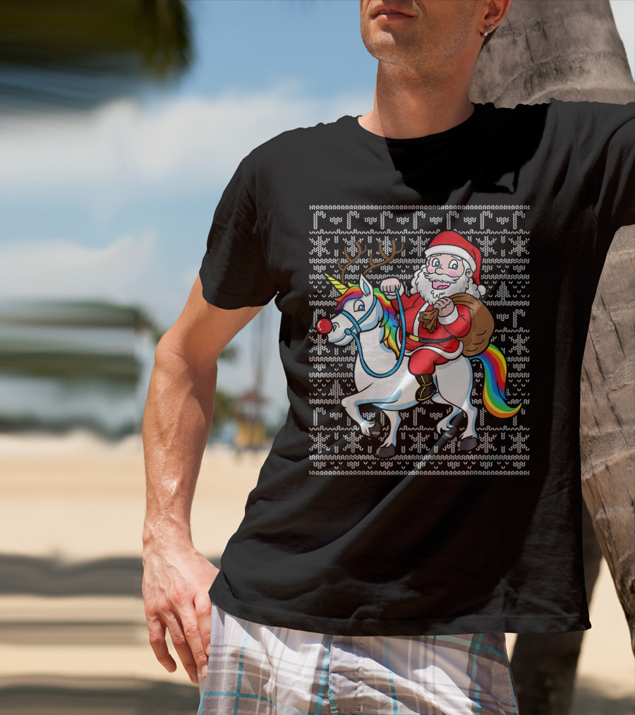 Santa Riding Reindeer-Antlered Rainbow Unicorn On Christmas T-Shirt