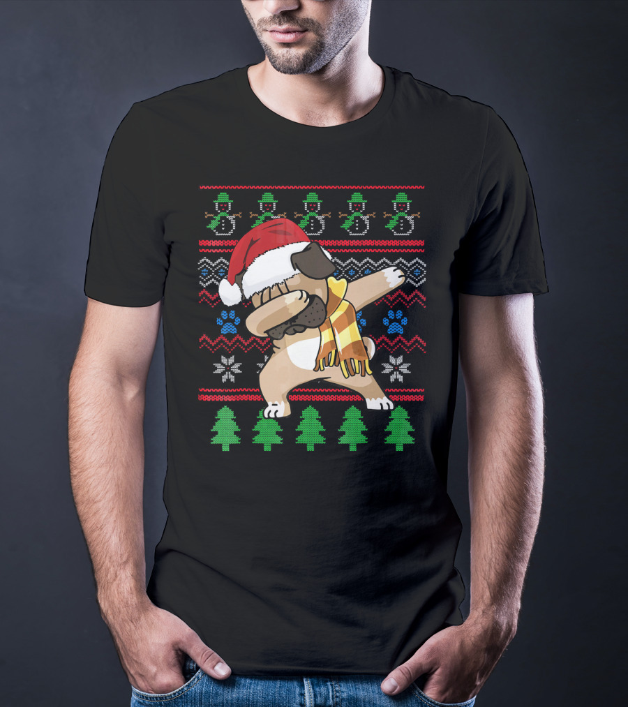 Pug Dabbing Santa Hat Christmas Snowman Tree Pattern UglyStyle T-Shirt